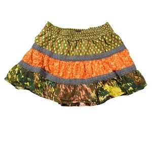 Fire Los Angeles Boho Tiered Mini Skirt Mixed Print‎ Smocked Waist Green Orange